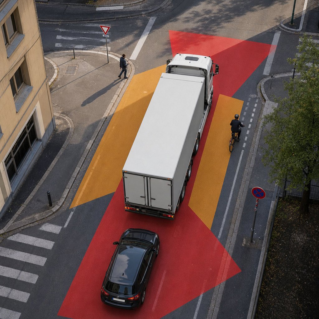 vue en plongée d’un poids lourd en milieu urbain montrant les zones d’angles morts devant la cabine, sur les côtés et derrière, avec présence d’un cycliste à droite, d’un piéton devant et d’une voiture à l’arrière