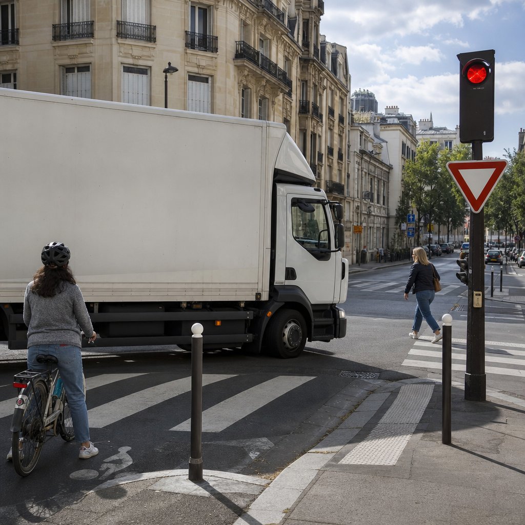 poids lourd en train de tourner à droite dans une rue française, avec un cycliste arrêté en retrait et un piéton sur passage protégé, scène réaliste montrant la nécessité d’attendre avant la manœuvre