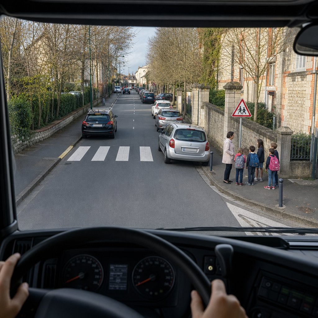Passage piéton urbain français vu depuis la cabine d'un poids lourd, enfants et adulte attendant au bord du trottoir près d'une école, véhicules stationnés pouvant masquer un piéton, ambiance de vigilance, marquage au sol net, sans texte ajouté