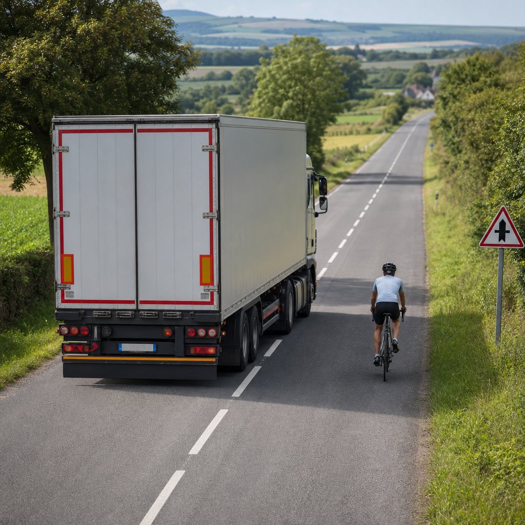 Route départementale française hors agglomération, poids lourd dépassant un cycliste avec large écart latéral visible, vue arrière trois quarts légèrement surélevée, chaussée étroite mais visibilité dégagée, marquage central, environnement rural réaliste, sans texte ajouté