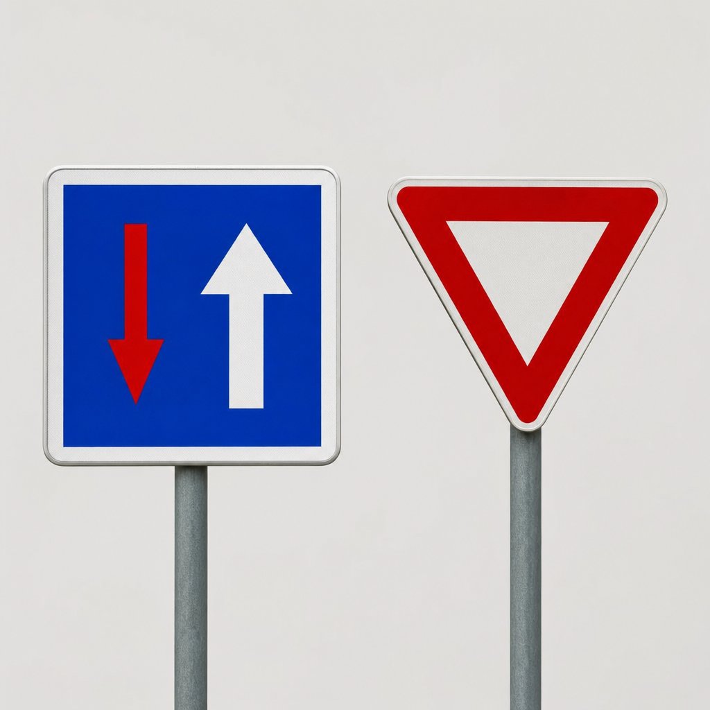panneaux officiels de priorité dans un passage étroit, vus de face, l'un indiquant la priorité sur les usagers venant en sens inverse et l'autre l'obligation de céder le passage, fond neutre, style code de la route français