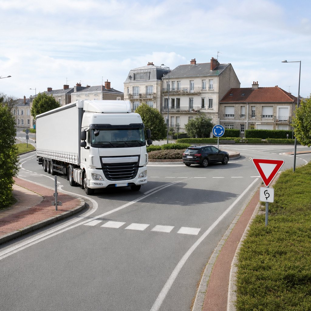 poids lourd articulé entrant dans un giratoire français en agglomération, vue trois quarts avant légèrement en hauteur, marquage au sol visible, panneau cédez le passage et sens giratoire, une voiture déjà engagée sur l'anneau, environnement urbain réaliste