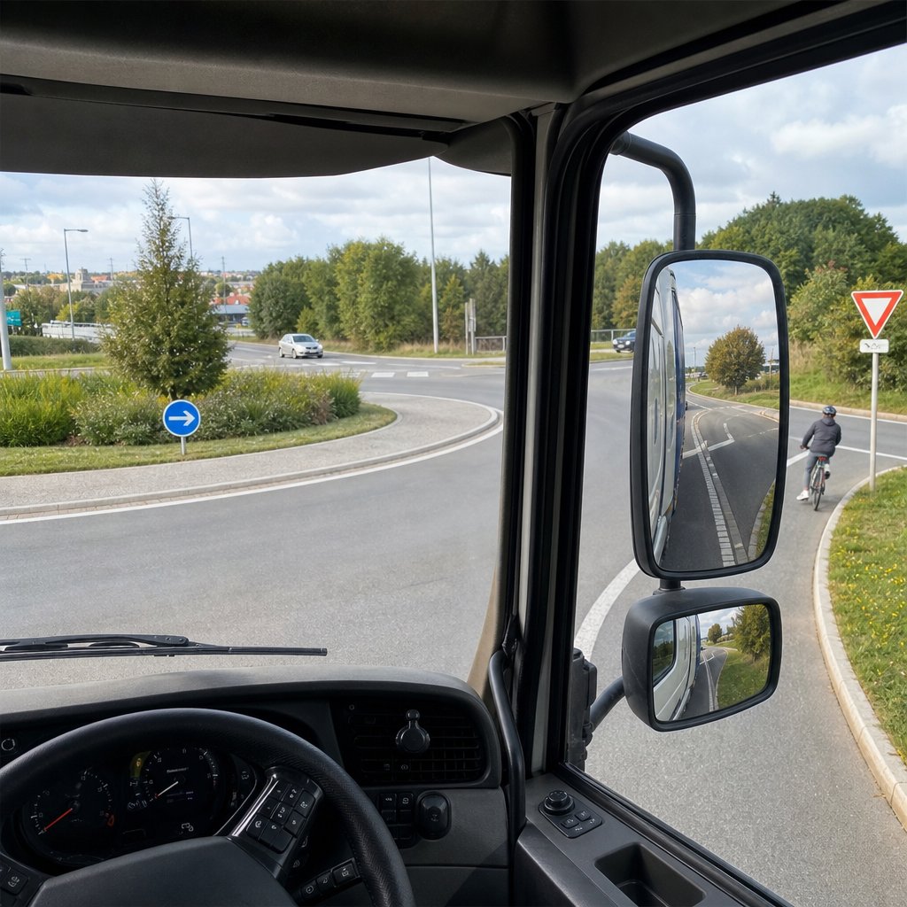 vue depuis la cabine d'un poids lourd dans un giratoire, rétroviseurs visibles, sortie à droite imminente, cycliste sur la périphérie droite à surveiller, marquage français clair, scène réaliste de formation à la conduite