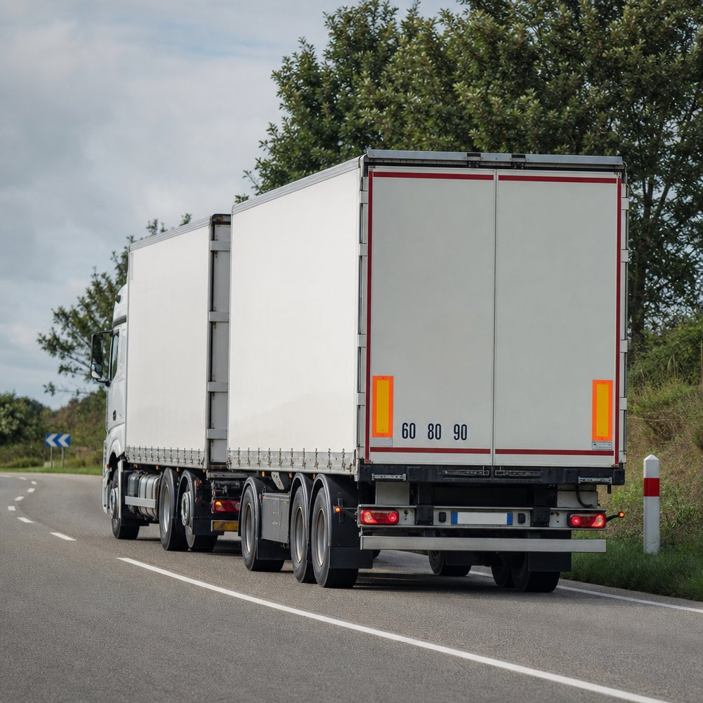 camion porteur poids lourd français attelé à une remorque sur route départementale, vue trois quarts arrière, marquages réglementaires visibles, environnement réaliste de conduite professionnelle