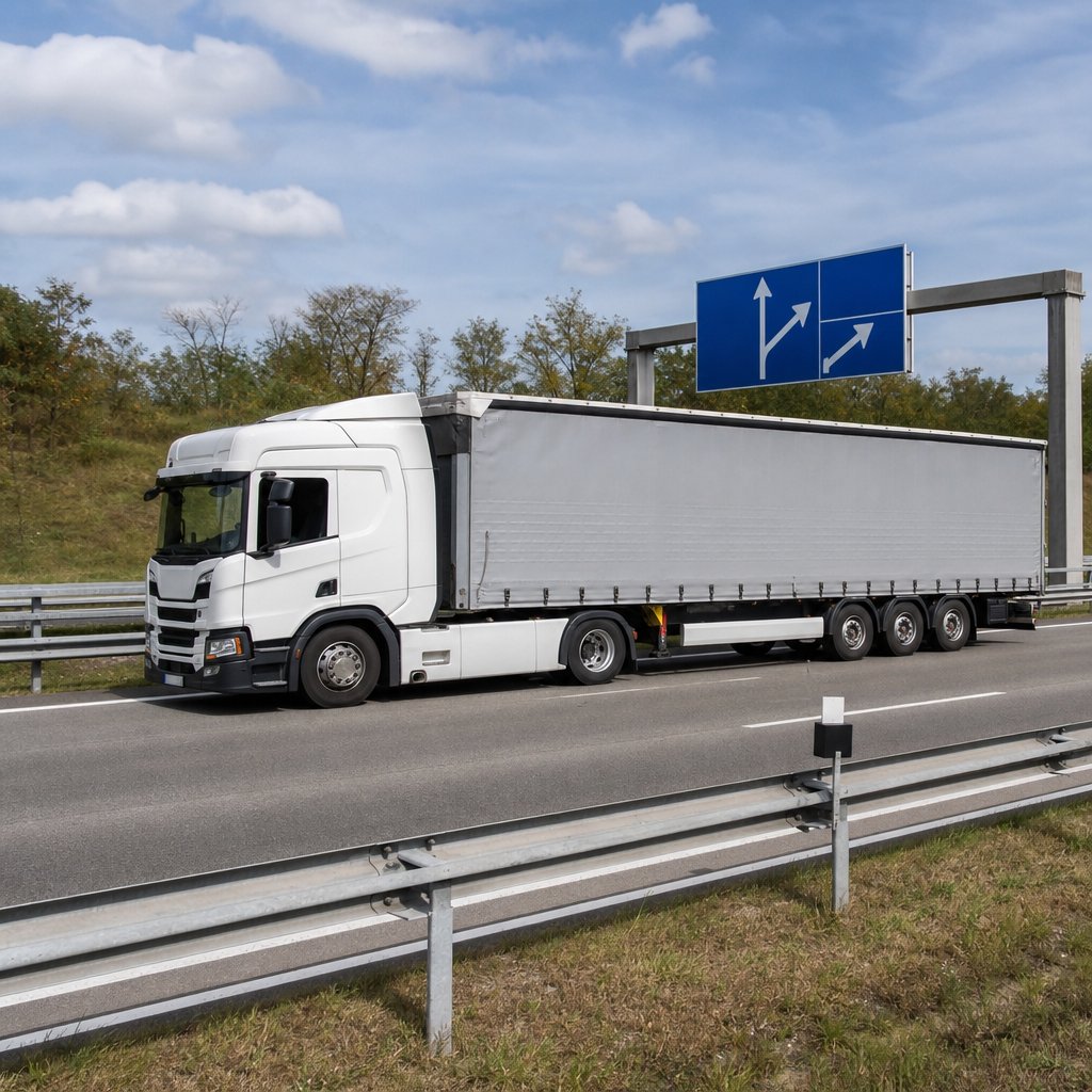 tracteur routier avec semi-remorque bâchée circulant sur autoroute française, vue latérale, ambiance professionnelle, glissières, marquage au sol et signalisation routière française visibles