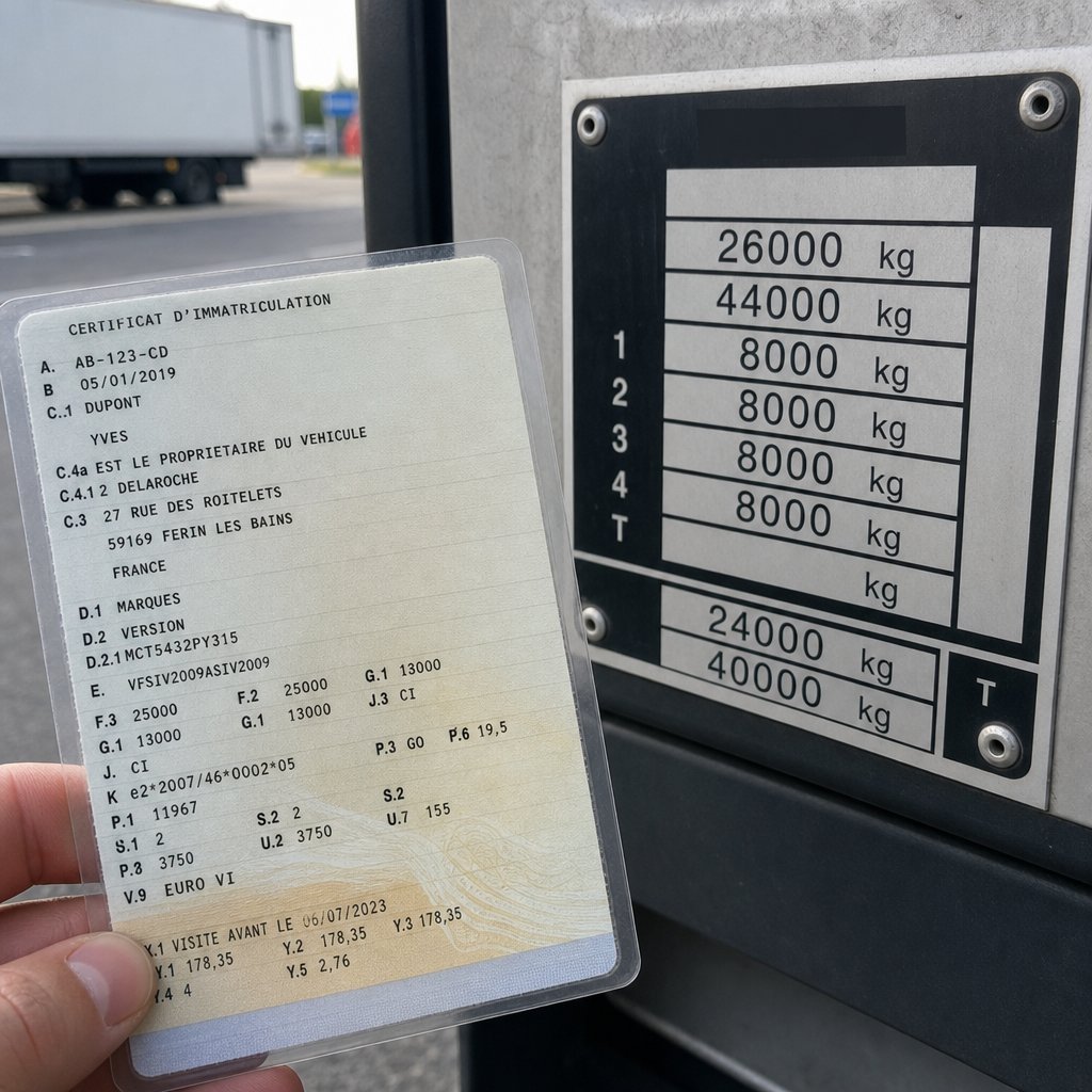 carte grise française et plaque constructeur d'un poids lourd, vue rapprochée nette, mettant en évidence les rubriques de masses sans ajouter de texte explicatif, ambiance de contrôle avant départ sur aire logistique