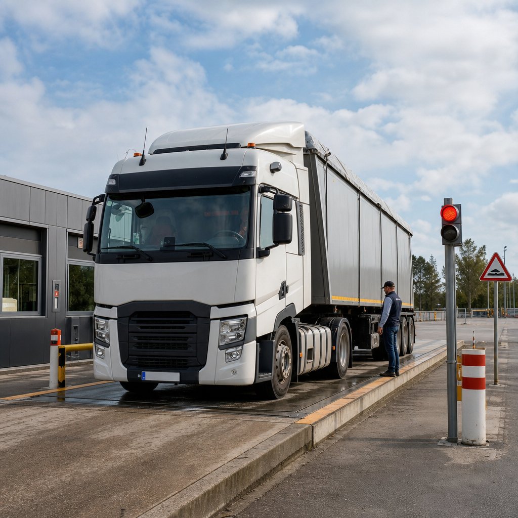 poids lourd chargé sur un pont-bascule de contrôle, vue trois-quarts avant, environnement français de plateforme logistique, conducteur en vérification extérieure, sans texte ajouté, scène réaliste de sécurité routière professionnelle