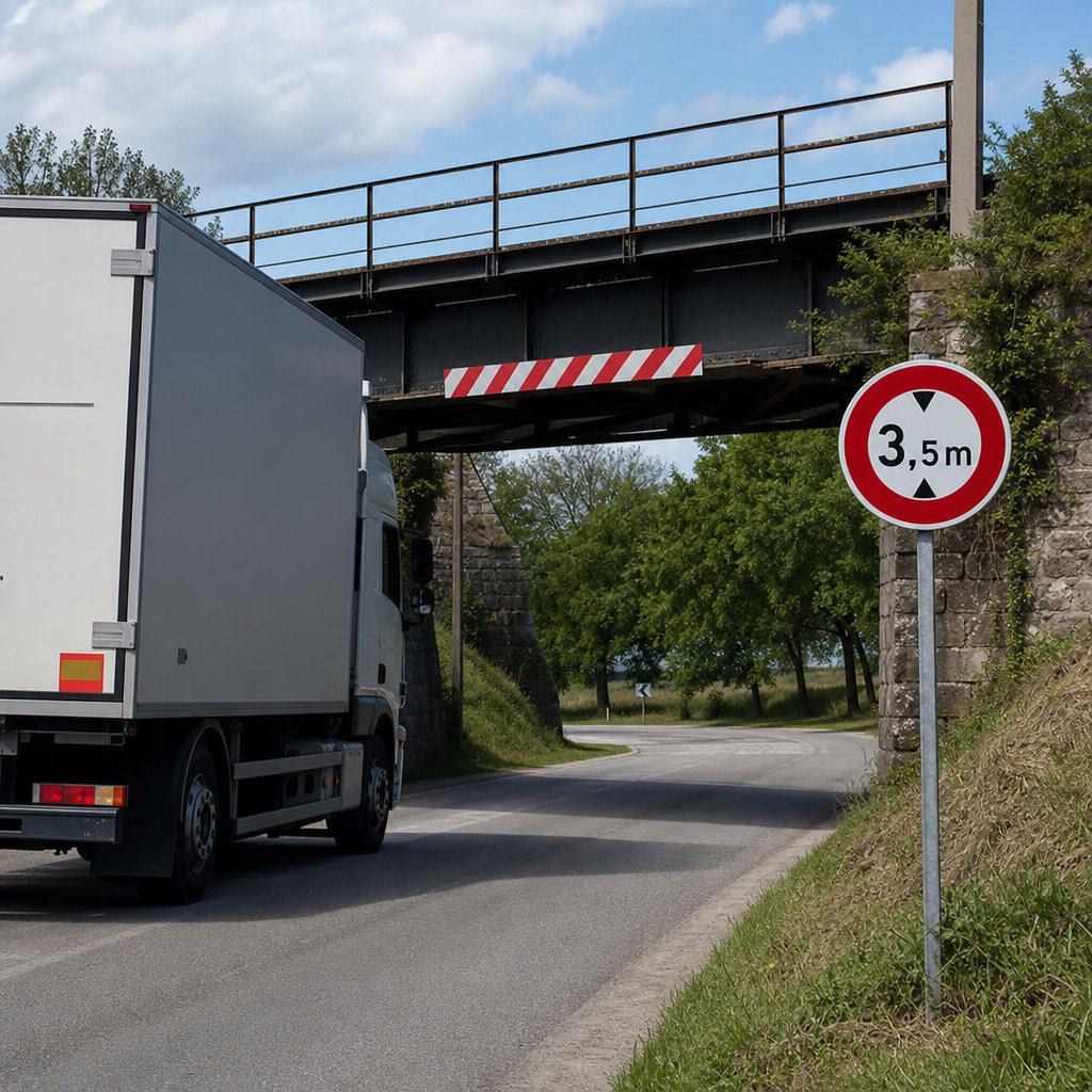 panneau officiel français de limitation de hauteur avant un pont, avec un poids lourd approchant prudemment sur route secondaire, angle latéral montrant clairement l'ouvrage et le contexte de circulation