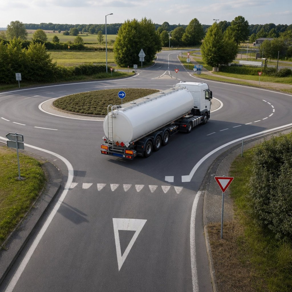 poids lourd citerne abordant un rond-point de manière prudente, vue extérieure en léger surplomb, circulation française, marquages au sol visibles, contexte pédagogique montrant l'anticipation et la stabilité du véhicule