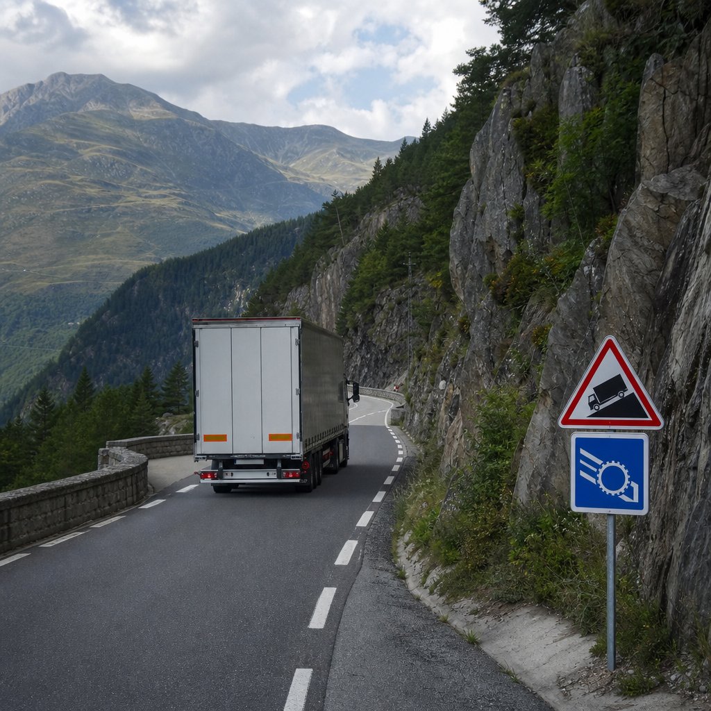 camion porteur descendant une route de montagne française, conducteur en maîtrise de la vitesse, scène réaliste montrant l'importance du frein moteur et du ralentisseur, sans texte