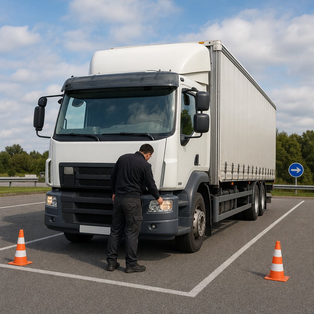 poids lourd vu trois quarts avant sur aire de départ, conducteur contrôlant les feux et les pneus, sol sec, contexte routier français, rétroviseurs larges, gabarit du camion bien visible