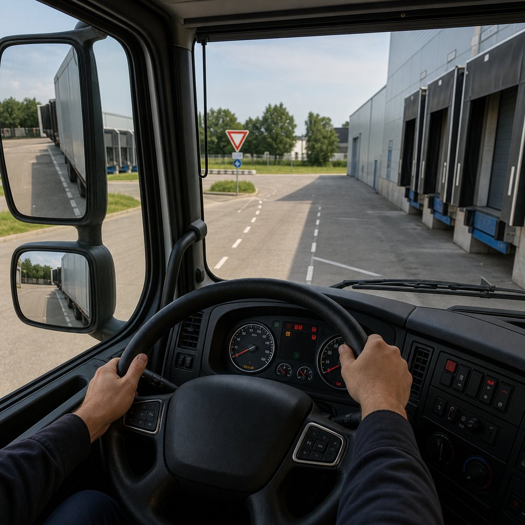 intérieur cabine poids lourd, vue conducteur sur tableau de bord avec témoins, rétroviseurs visibles, mains prêtes au contrôle avant départ, ambiance réaliste sans texte ajouté