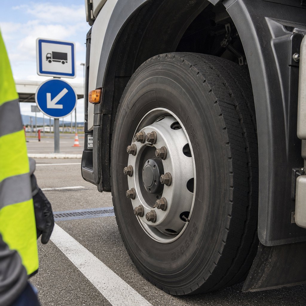 vue rapprochée d’une roue de poids lourd à l’arrêt sur une aire de contrôle, montrant bande de roulement, flanc, valve et écrous, avec gilet haute visibilité du conducteur visible en bord d’image, contexte français de vérification avant départ