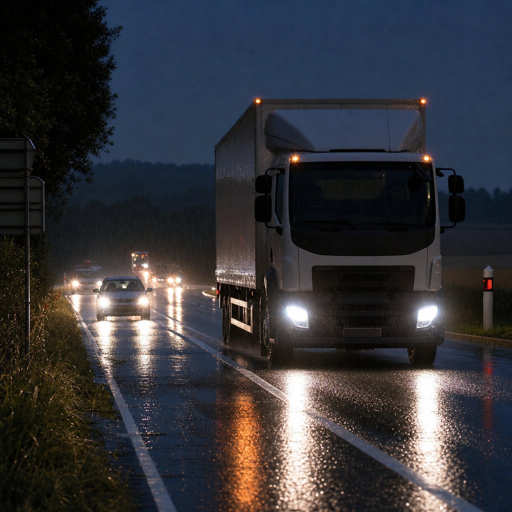 camion porteur sur route française de nuit sous pluie légère, feux de position, croisement et gabarit visibles, autres usagers derrière et sur voie opposée, accent sur l’importance d’être vu sans ajout de texte