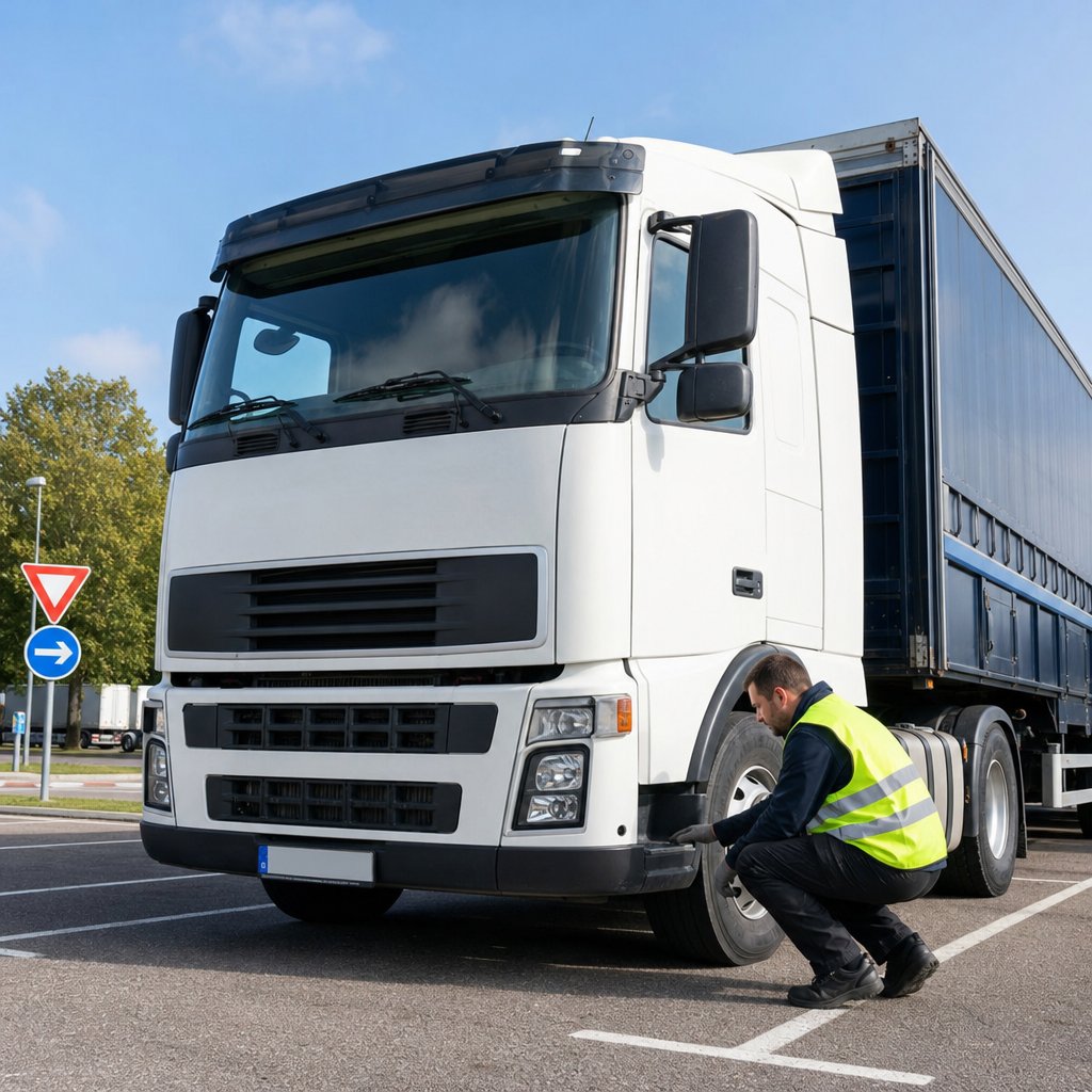 conducteur de poids lourd en gilet haute visibilité réalisant un contrôle de sécurité autour du camion avant départ, vue trois-quarts avant sur aire de stationnement, attention portée aux pneus, feux et rétroviseurs, environnement routier français