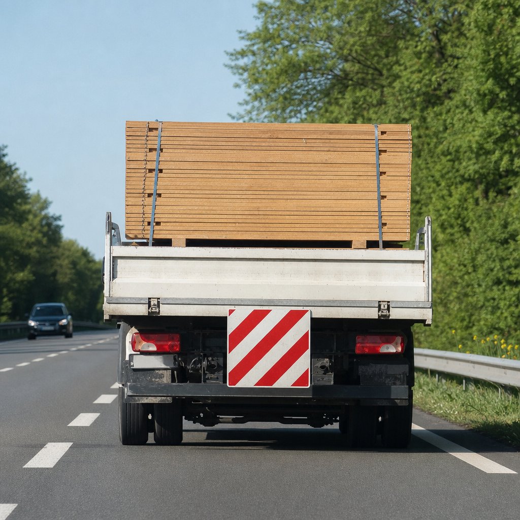 panneau officiel de signalisation de chargement dépassant à l’arrière sur véhicule utilitaire ou poids lourd, vue arrière sur route française, dispositif réglementaire rouge et blanc clairement visible