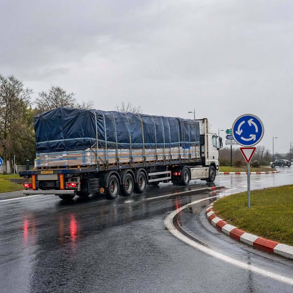 poids lourd abordant un rond-point français sous pluie légère, chargement de palettes sous bâche correctement arrimé, vue latérale dynamique, chaussée mouillée, autres usagers à distance, contexte pédagogique sur l’adaptation de la conduite
