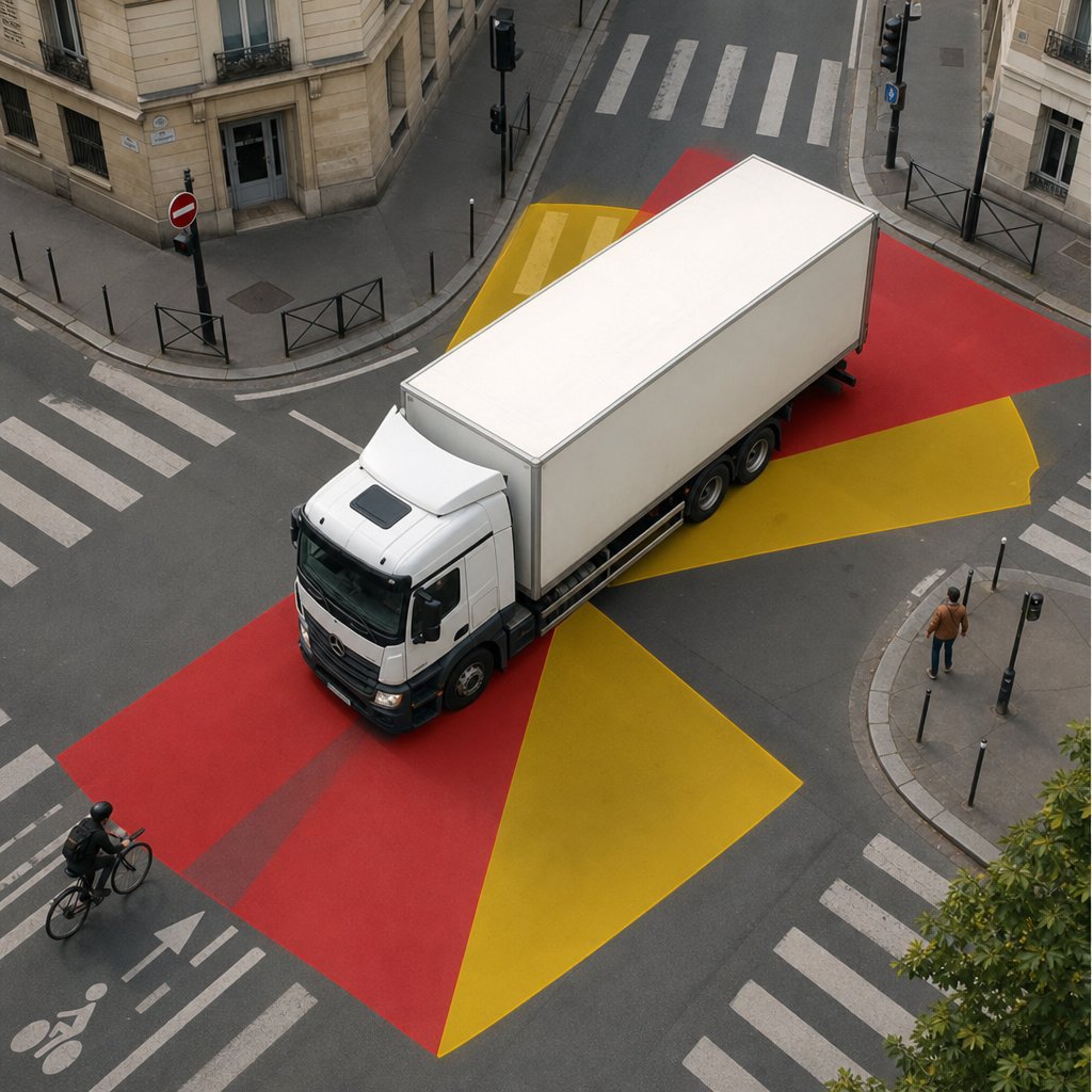 Vue en légère plongée d’un poids lourd en ville française à un carrefour, montrant visuellement les principales zones d’angle mort autour de l’avant, du côté droit et de l’arrière, avec présence d’un cycliste et d’un piéton, sans texte ajouté
