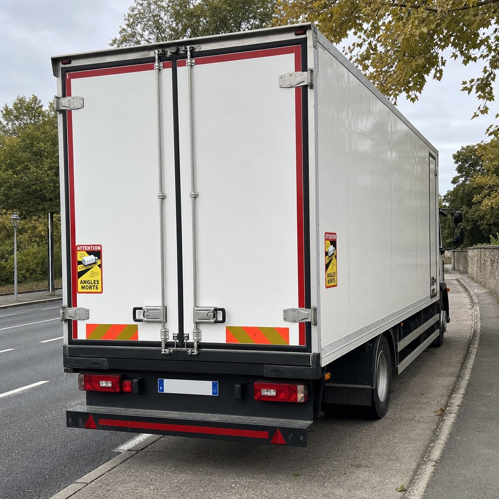 Arrière et côté droit d’un camion stationné en sécurité, montrant clairement les autocollants réglementaires angles morts, la plaque d’immatriculation, les feux arrière, catadioptres et marquages visibles, dans un environnement routier français