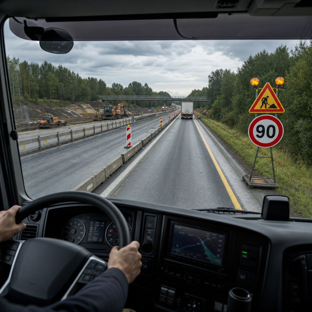 Panneau officiel français signalant une limitation de vitesse temporaire en zone de travaux, vu depuis la cabine d’un camion sur autoroute, pour illustrer que les aides ne remplacent pas le respect des règles