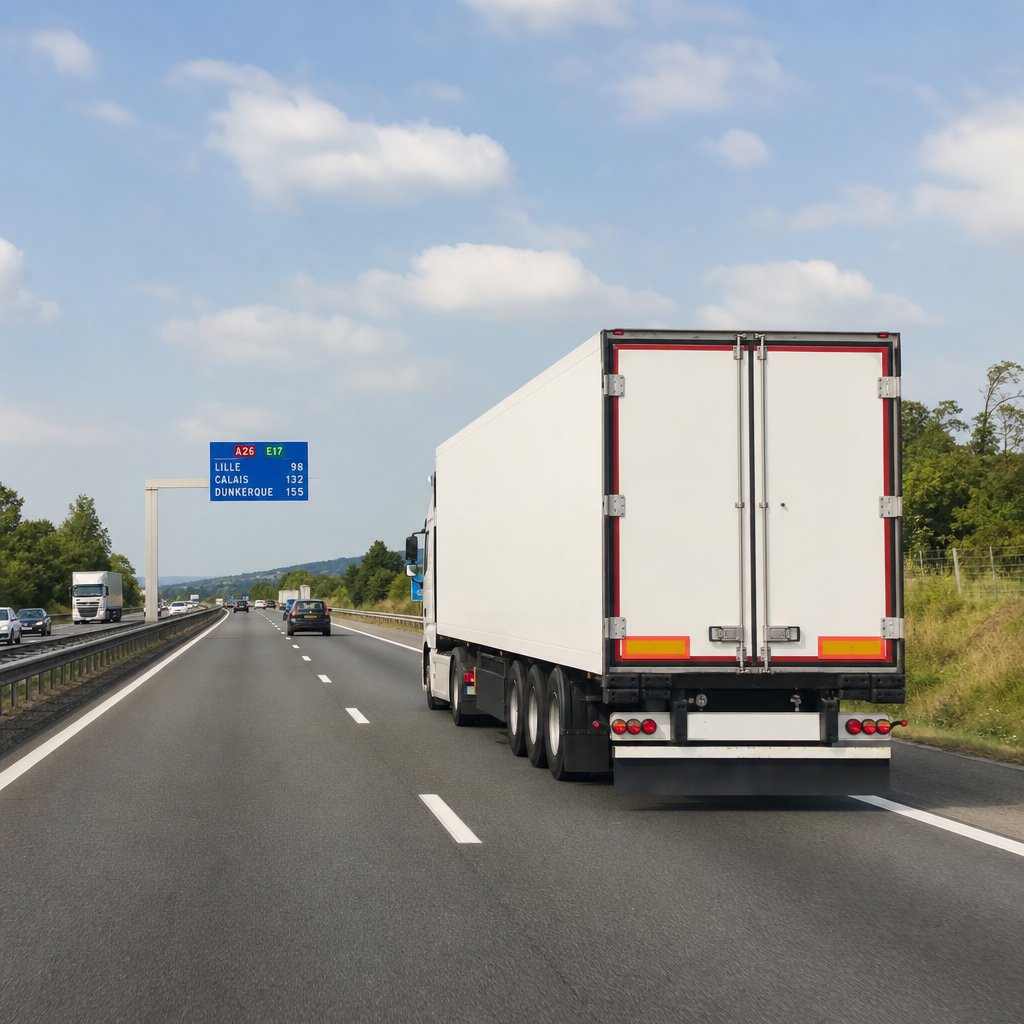Poids lourd circulant sur autoroute française par temps sec, vue trois-quarts arrière, vitesse stabilisée, trafic fluide, voie de droite, environnement réaliste montrant une conduite régulière et économique