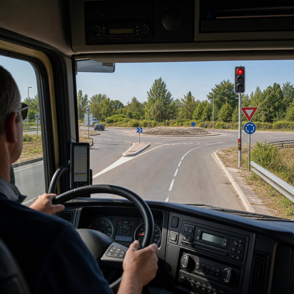 Conducteur de poids lourd en cabine, vue intérieure sur route française, regard porté loin devant vers un feu tricolore et un rond-point, mains stables sur le volant, scène illustrant l’anticipation
