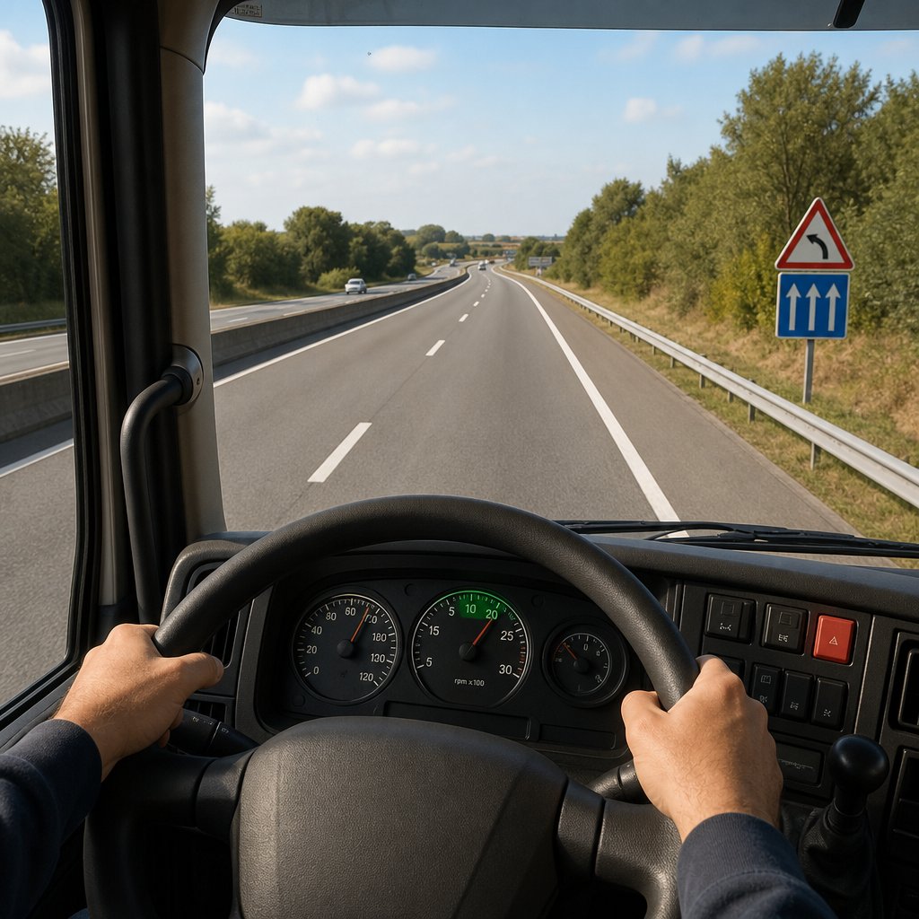 poste de conduite d'un poids lourd vu depuis le siège conducteur, compte-tours lisible avec zone verte mise en évidence par l'instrumentation, route française dégagée devant, mains sur le volant, ambiance réaliste d'apprentissage à l'éco-conduite