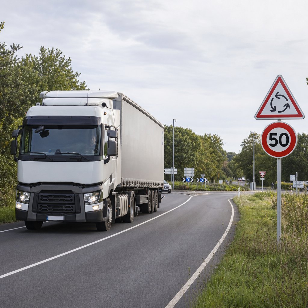 poids lourd sur route française approchant un rond-point, vue extérieure trois-quarts avant, circulation fluide, panneaux officiels visibles dont annonce de giratoire et limitation de vitesse, conducteur en phase d'anticipation sans freinage brutal