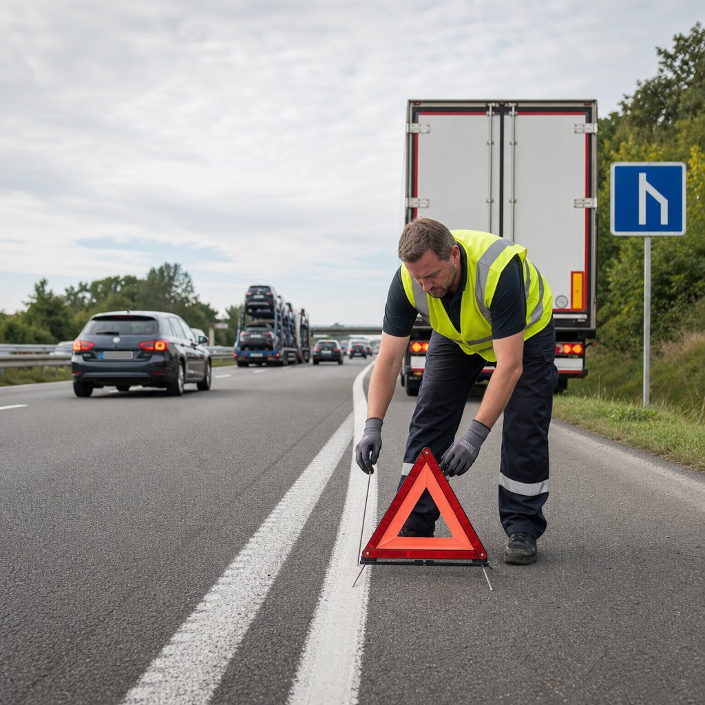 chauffeur poids lourd portant un gilet haute visibilité, arrêté sur la bande d'arrêt d'urgence, plaçant un triangle en amont d'un accident, circulation française visible en arrière-plan