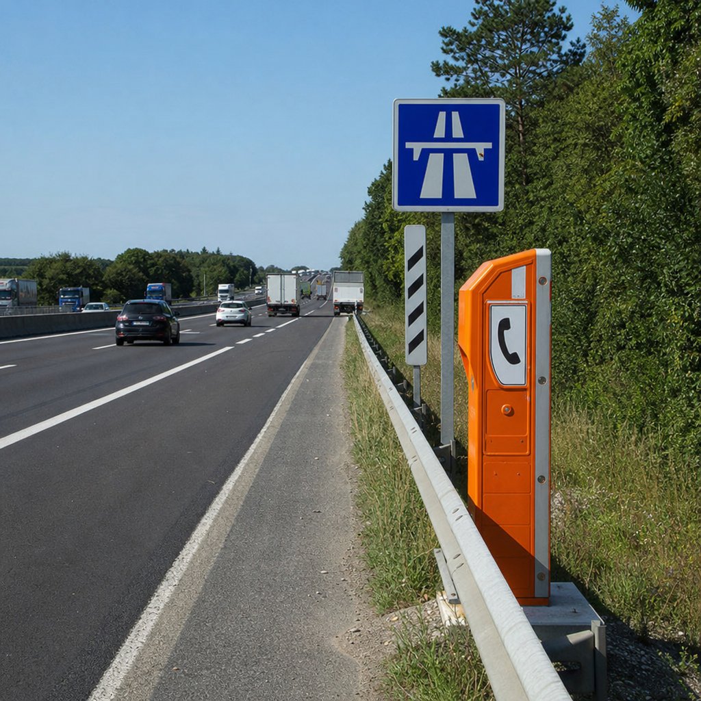 borne d'appel d'urgence sur autoroute française avec glissière de sécurité et bande d'arrêt d'urgence, sans texte ajouté, contexte réaliste de circulation