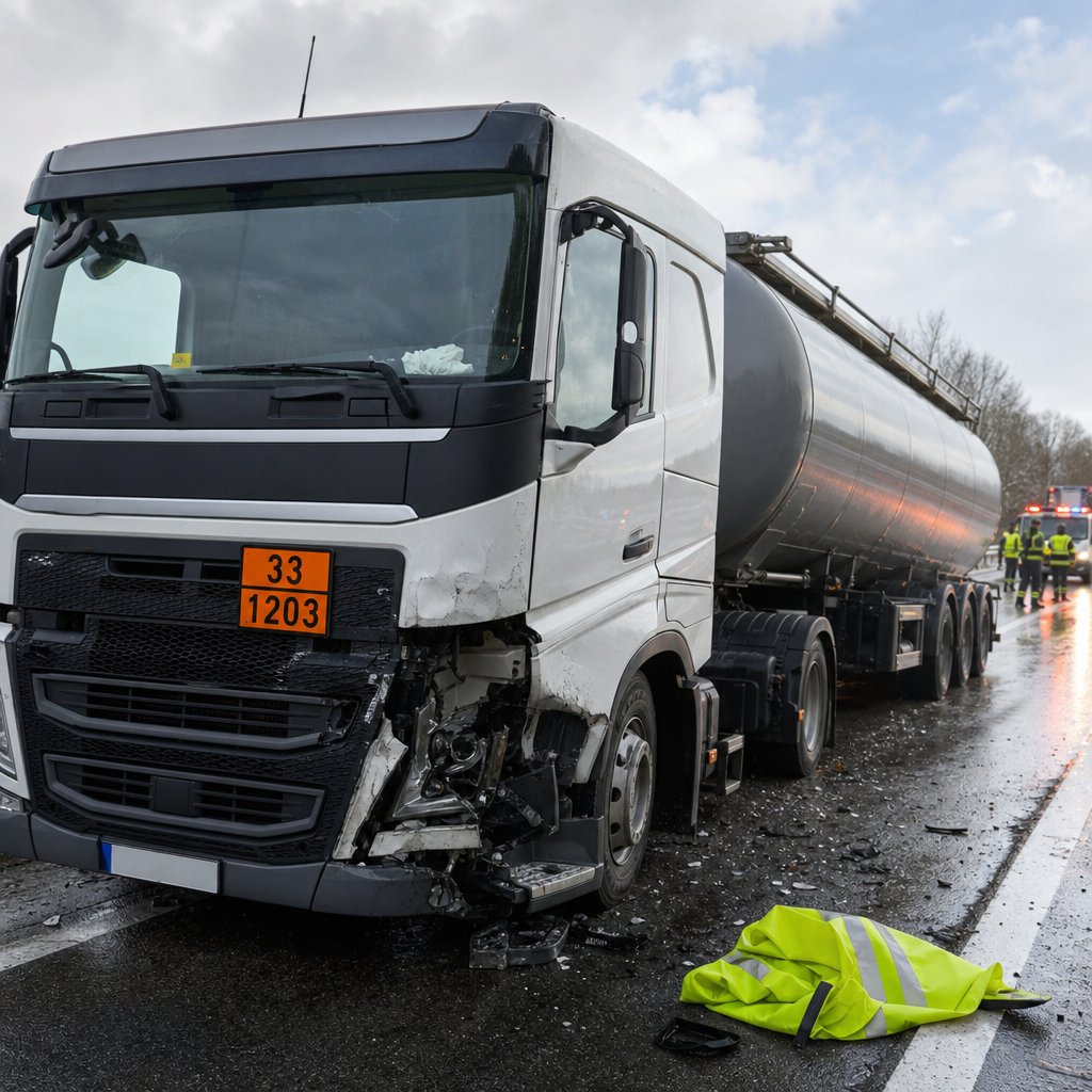 panneau orange ADR sur l'avant d'un poids lourd citerne accidenté sur route française, vue trois quarts, chaussée mouillée, gilet haute visibilité visible au sol, intervention prudente sans texte additionnel hors panneau officiel