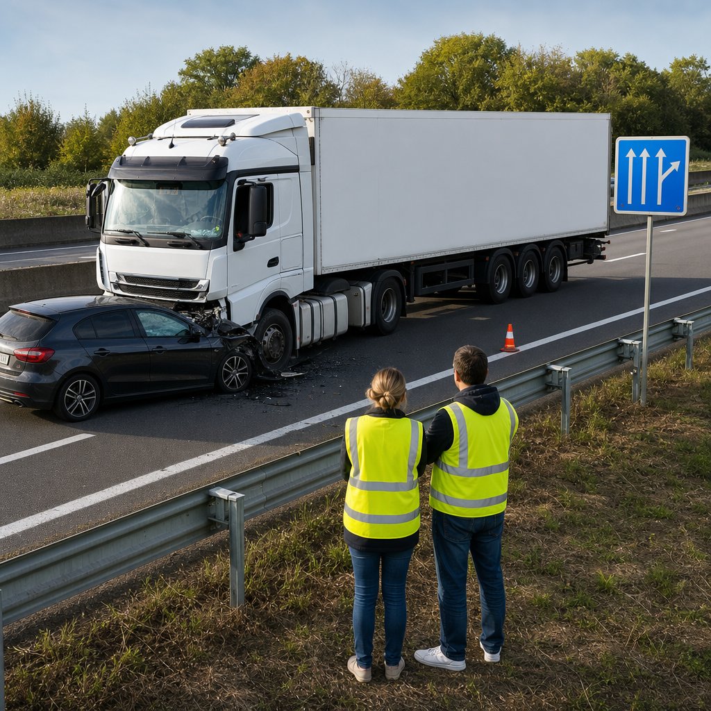 accident sur autoroute française impliquant un semi-remorque et une voiture, vue en légère hauteur depuis l'accotement, glissière de sécurité au premier plan, conducteurs derrière la barrière avec gilets réfléchissants