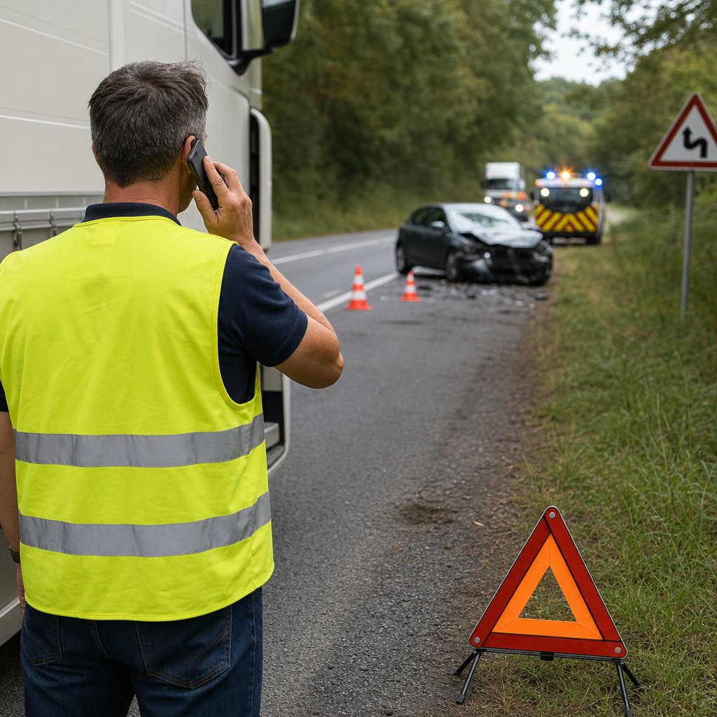 conducteur de poids lourd portant un gilet haute visibilité appelant les secours près d'un accident sur route départementale française, vue réaliste au niveau de l'épaule, camion arrêté en sécurité, balisage visuel crédible, ambiance de premiers secours