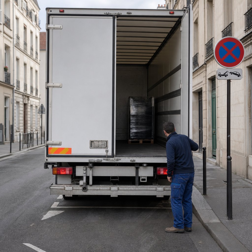 arrière d’un poids lourd stationné sur zone de livraison en France, conducteur vérifiant qu’aucun enfant, piéton, vélo ou obstacle n’est dans l’axe de recul, portes et feux visibles, ambiance réaliste de sécurité routière