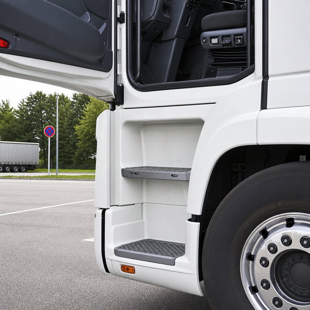 vue rapprochée des marches et poignées d’accès d’un camion français, semelles propres, surface antidérapante visible, léger contexte de parking routier, image pédagogique centrée sur les appuis sans texte