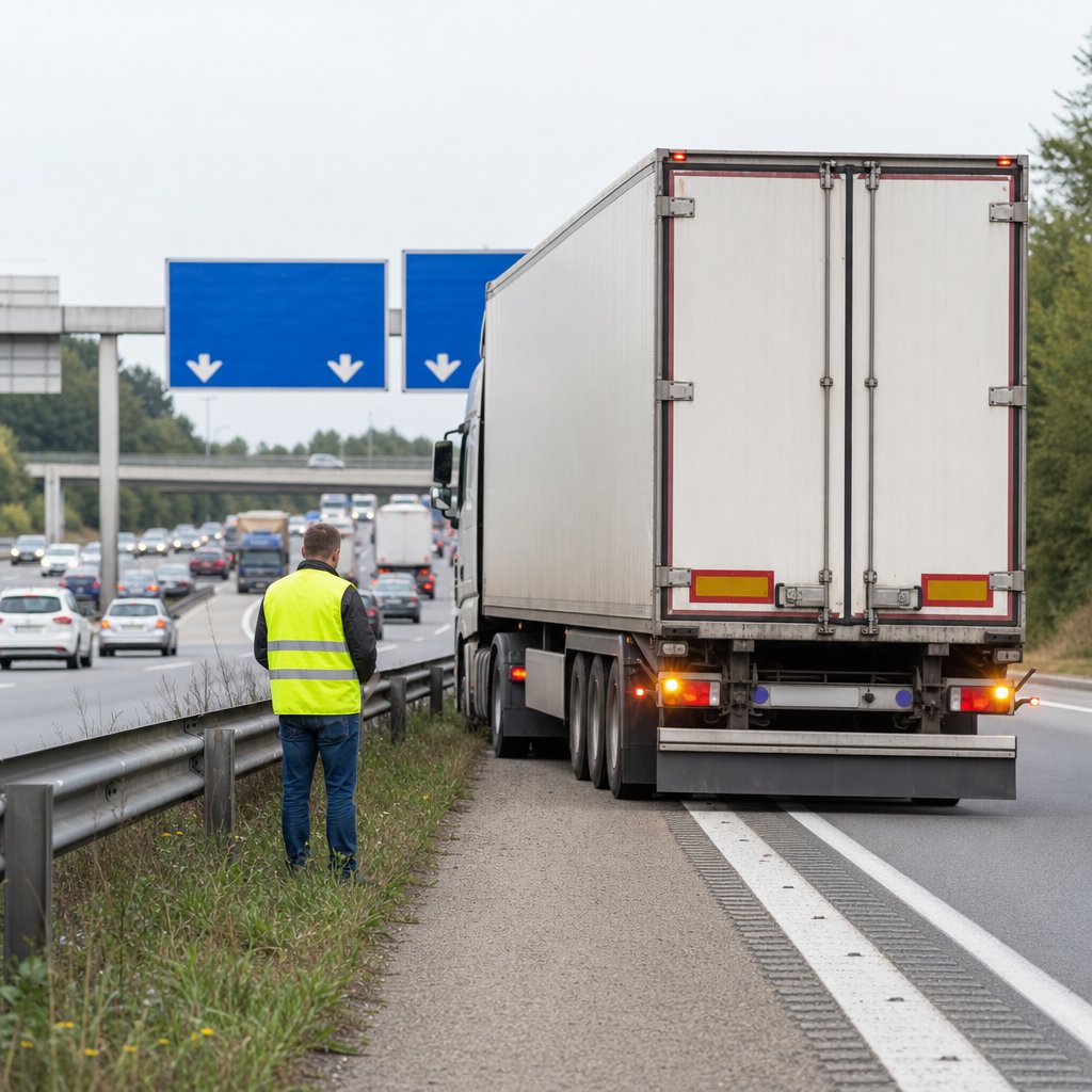 poids lourd immobilisé sur bande d'arrêt d'urgence en France, feux de détresse allumés, conducteur avec gilet réfléchissant derrière la glissière de sécurité, circulation dense en arrière-plan, angle trois-quarts arrière