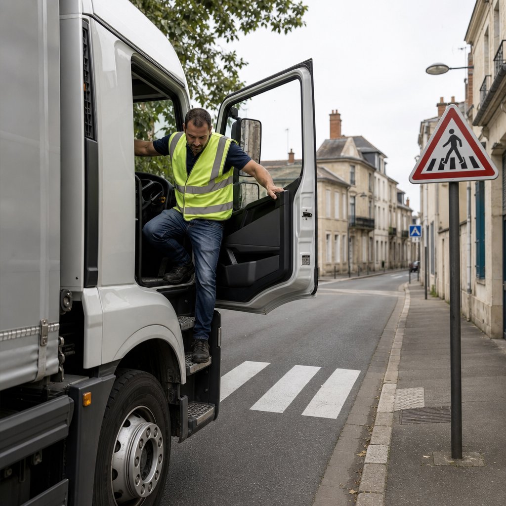 conducteur de poids lourd descendant de sa cabine face au véhicule avec trois points d'appui, porte ouverte côté trottoir, environnement urbain français calme, accent sur la sécurité du geste