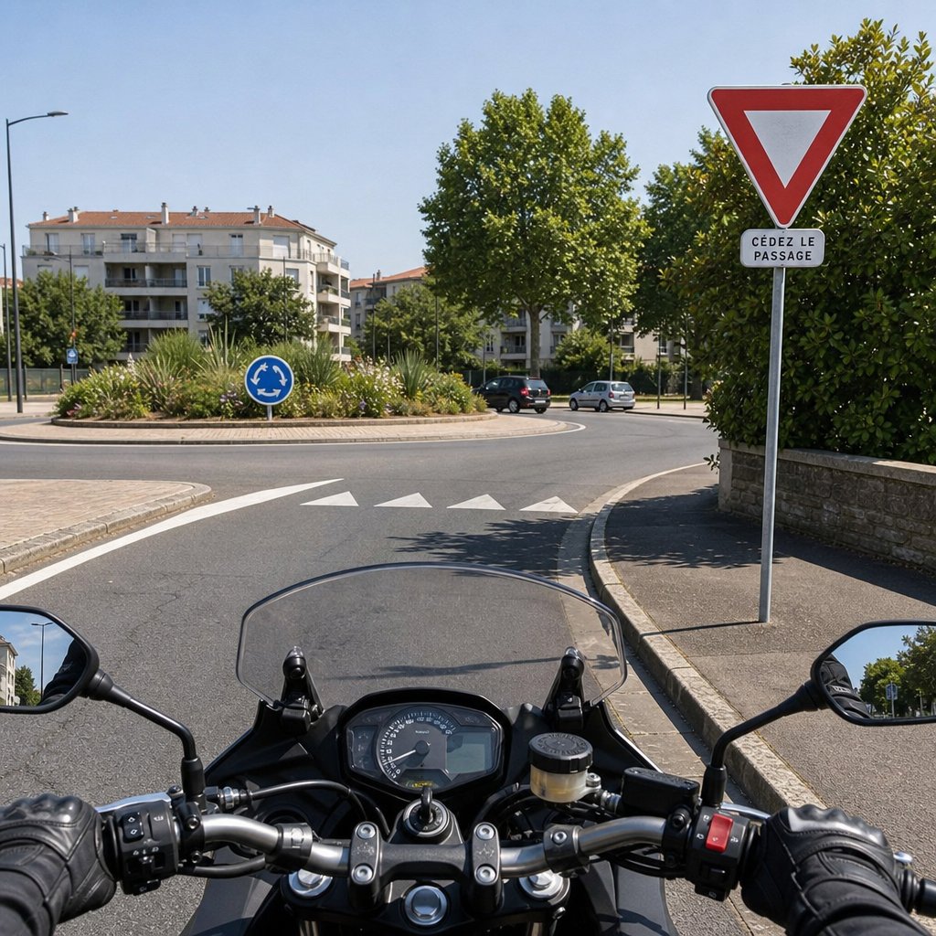 vue d’un carrefour à sens giratoire français avec panneau bleu de giratoire et panneau cédez-le-passage à l’entrée, moto en approche sur la voie de droite, marquages au sol visibles, environnement urbain simple