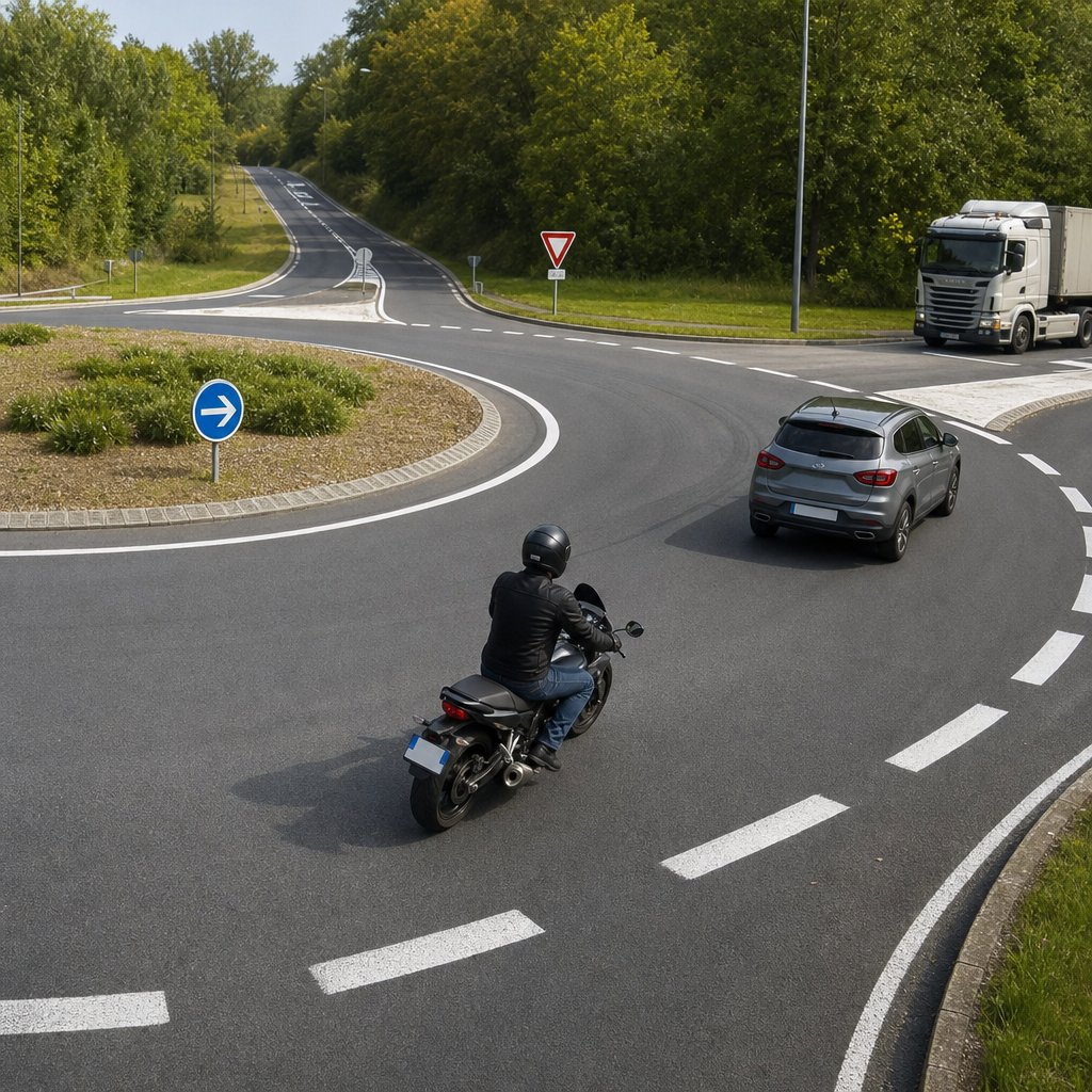 motard vu en légère plongée circulant dans un giratoire à deux voies, voiture sur voie extérieure, poids lourd plus loin, trajectoire stable, regard porté vers la sortie, marquages français visibles