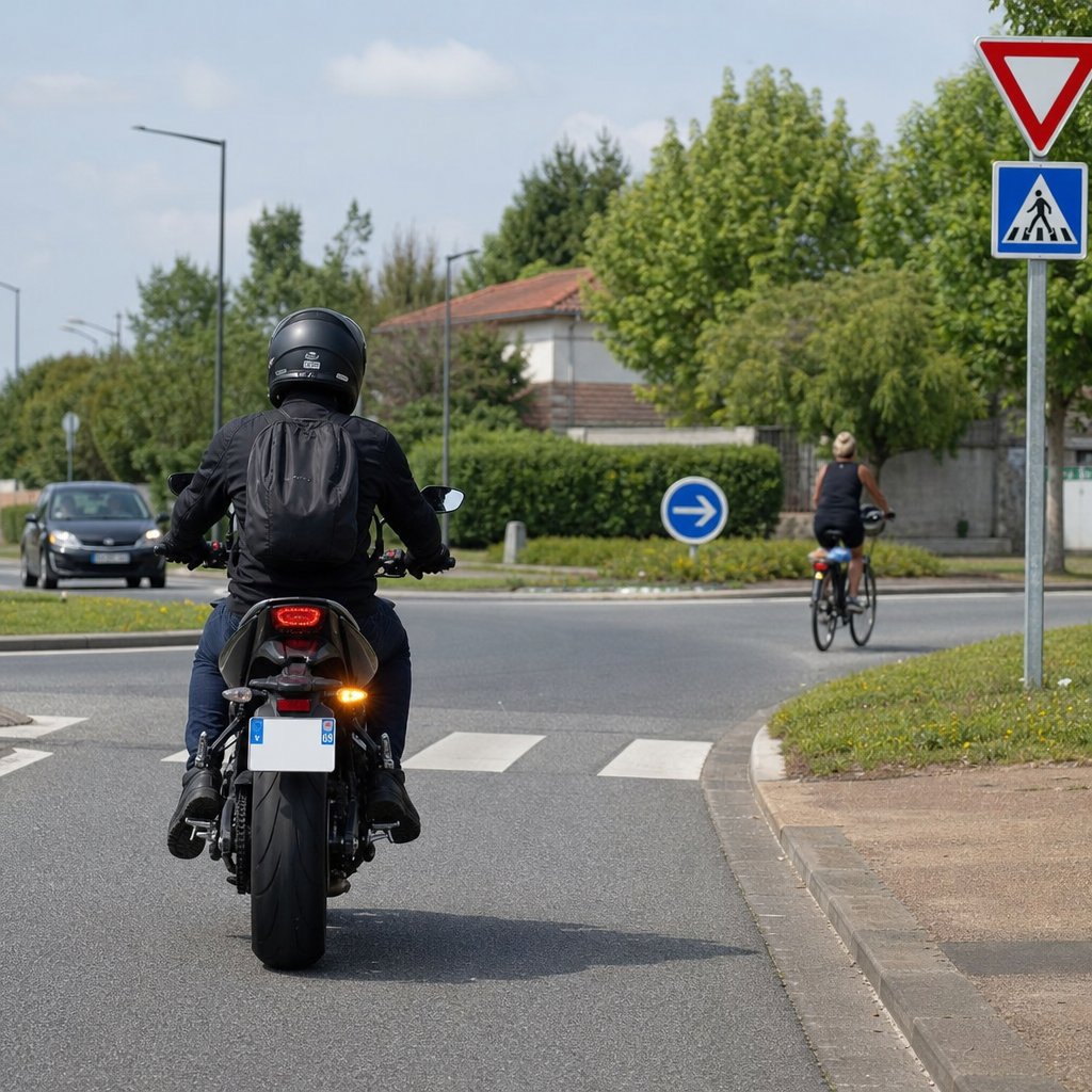 sortie de giratoire en France vue depuis l’arrière d’un motard, clignotant droit visible, passage piéton proche, cycliste en bord de chaussée, voiture en arrière-plan, environnement périurbain réaliste