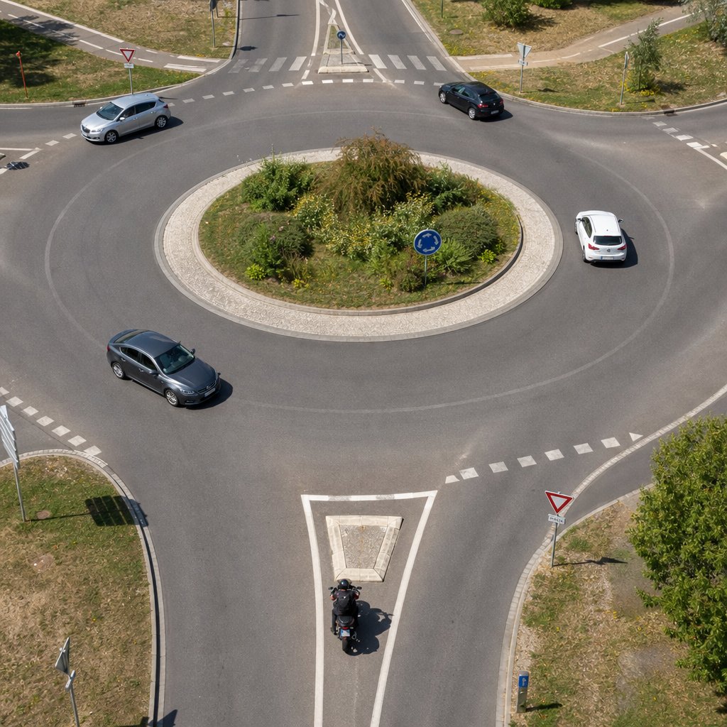 vue aérienne d’un carrefour à sens giratoire français avec panneau bleu de giratoire et panneau cédez-le-passage à l’entrée, plusieurs voies, voitures et une moto bien placée avant insertion