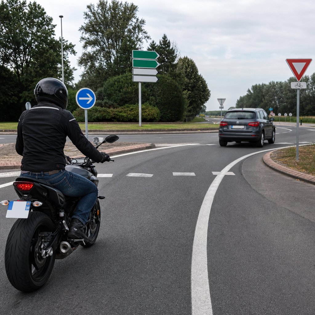 motard débutant vu trois-quarts arrière à l’approche d’un giratoire à deux voies, regard orienté vers la sortie, position stable, voiture sur la voie extérieure, marquages au sol français visibles