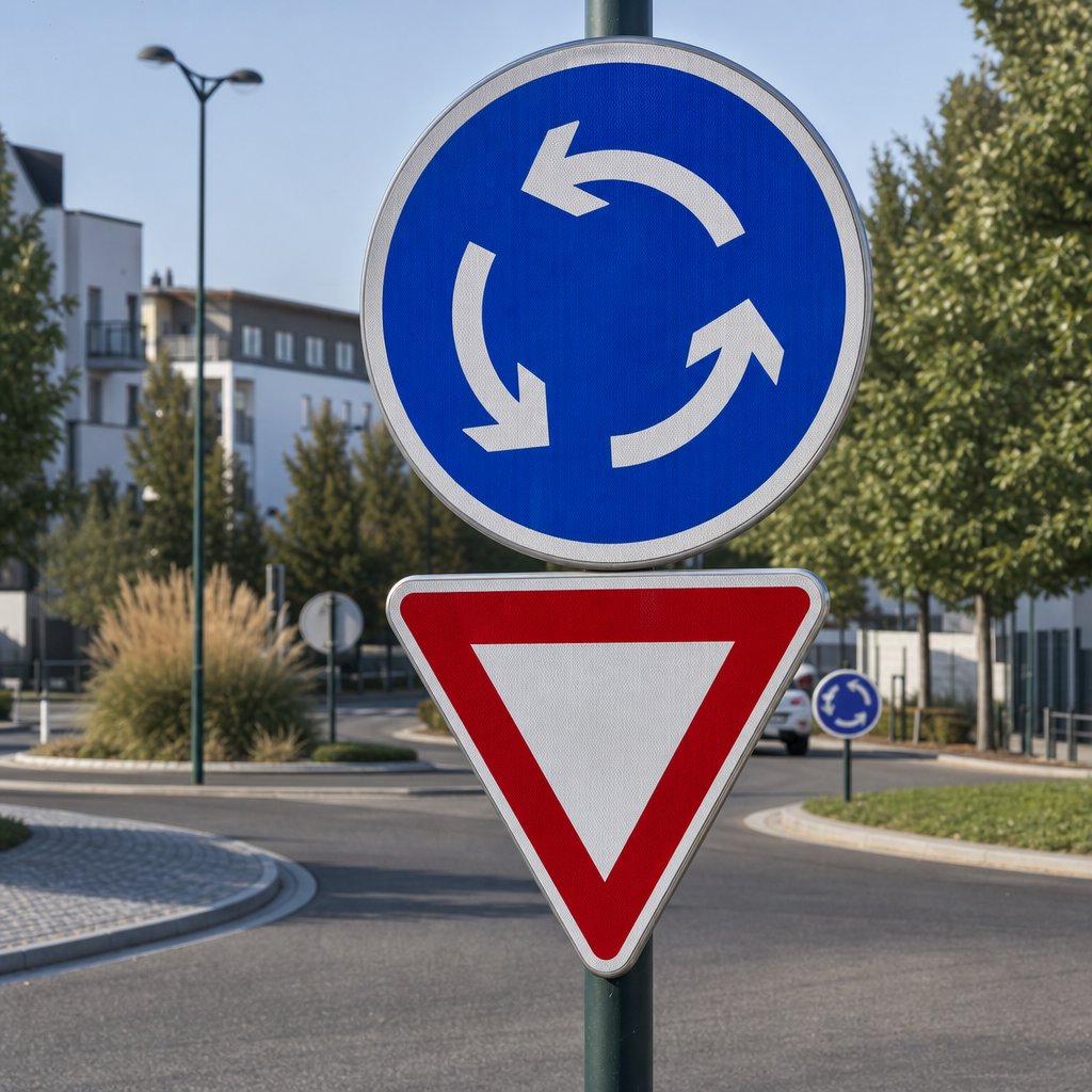gros plan réaliste d’un panneau officiel français de carrefour à sens giratoire accompagné d’un panneau cédez-le-passage à l’entrée, fond de route urbaine française, sans autre texte