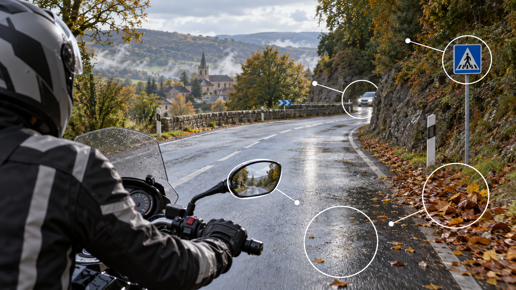 Motard observant la circulation et les conditions environnementales de la route