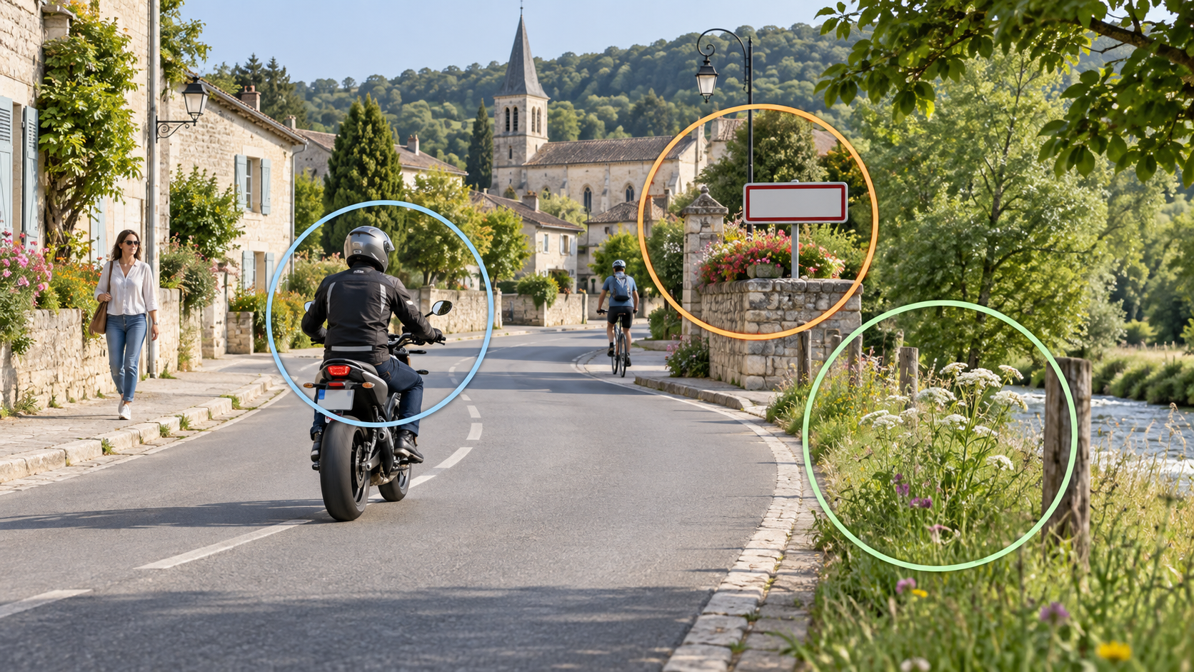 Motard circulant calmement dans un village près d’un cycliste, d’une piétonne et de végétation