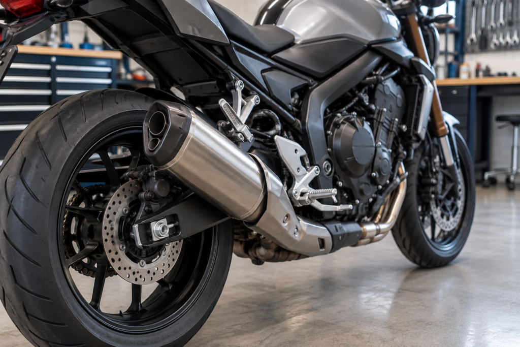 Illustration d’un silencieux d’échappement et de ses fixations sur une moto stationnée dans un atelier