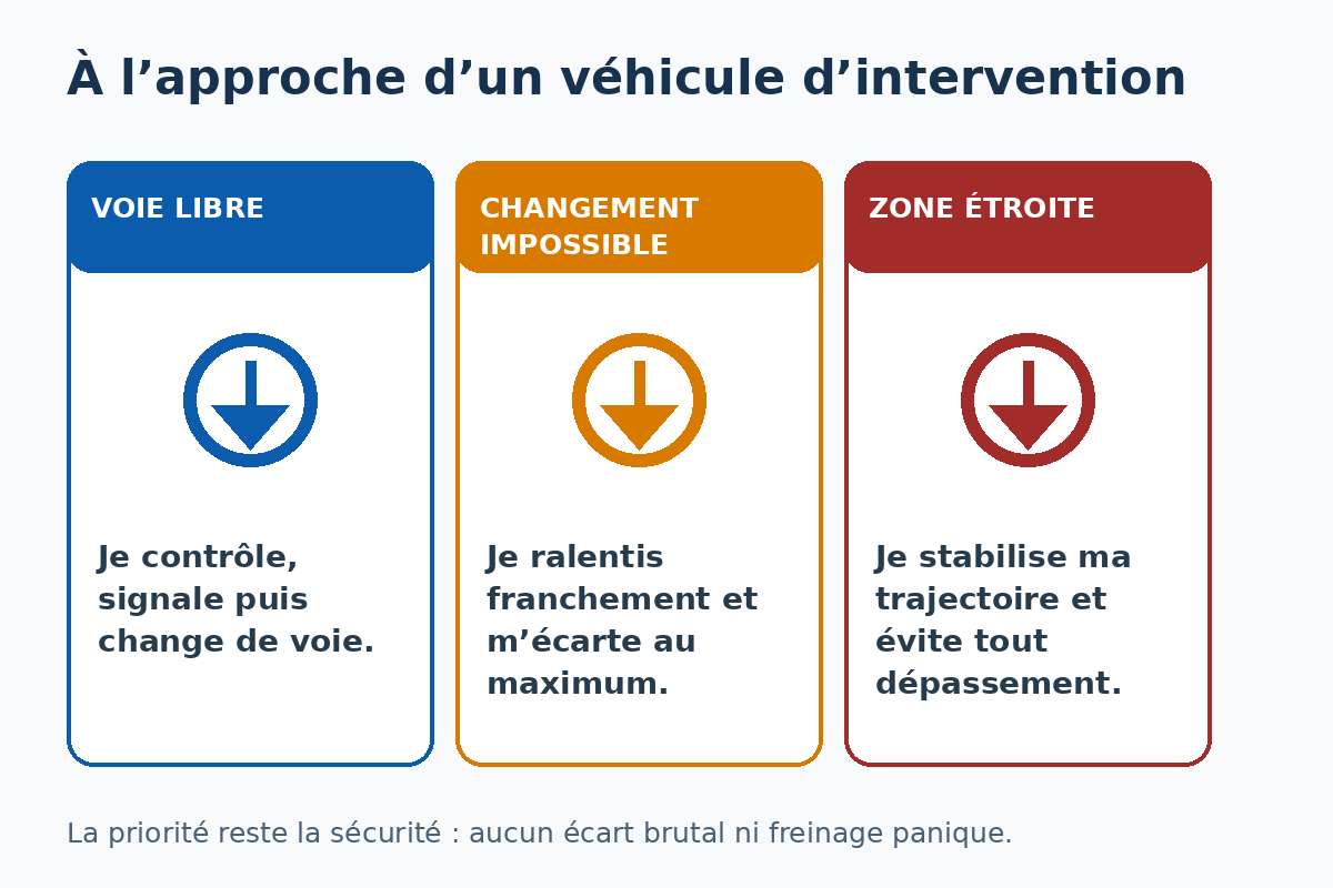 Réactions d’un conducteur poids lourd selon que la voie est libre, le changement impossible ou la zone étroite