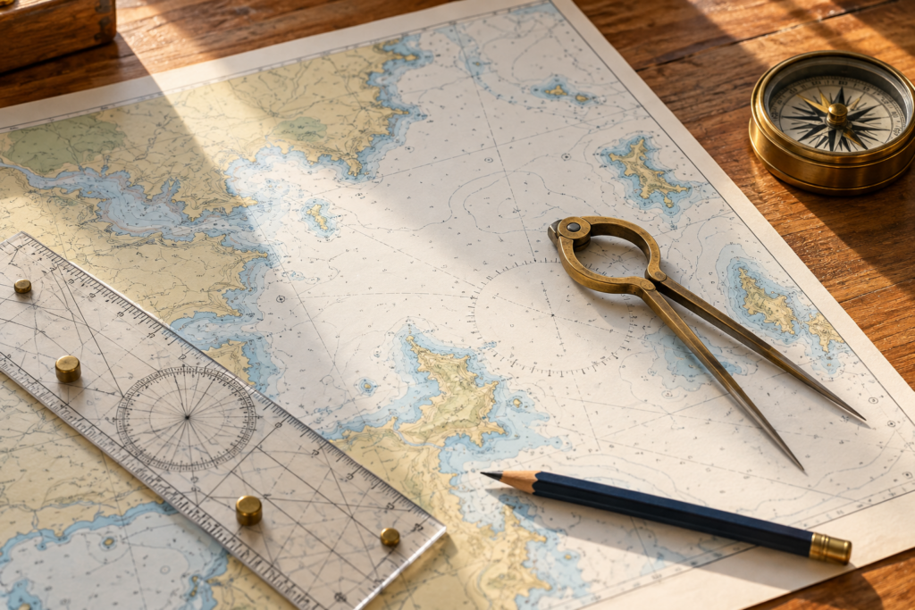 Illustration d’une carte marine avec règle de navigation, compas à pointes, crayon et boussole