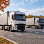 Illustration de deux poids lourds stationnés sur une aire de repos bordée d’arbres en automne