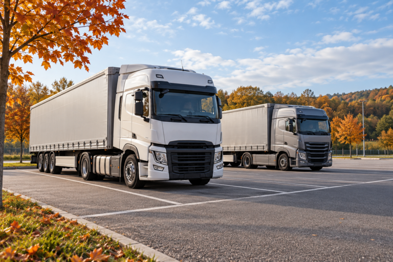 Illustration de deux poids lourds stationnés sur une aire de repos bordée d’arbres en automne